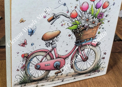 Spring Bicycle Basket of Flowers Wood Block Sign