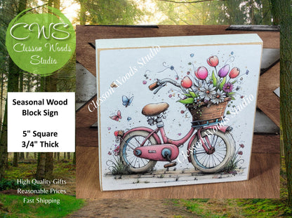 Spring Bicycle Basket of Flowers Wood Block Sign