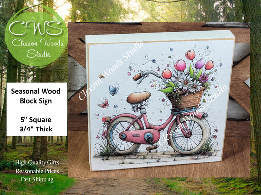 Spring Bicycle Basket of Flowers Wood Block Sign