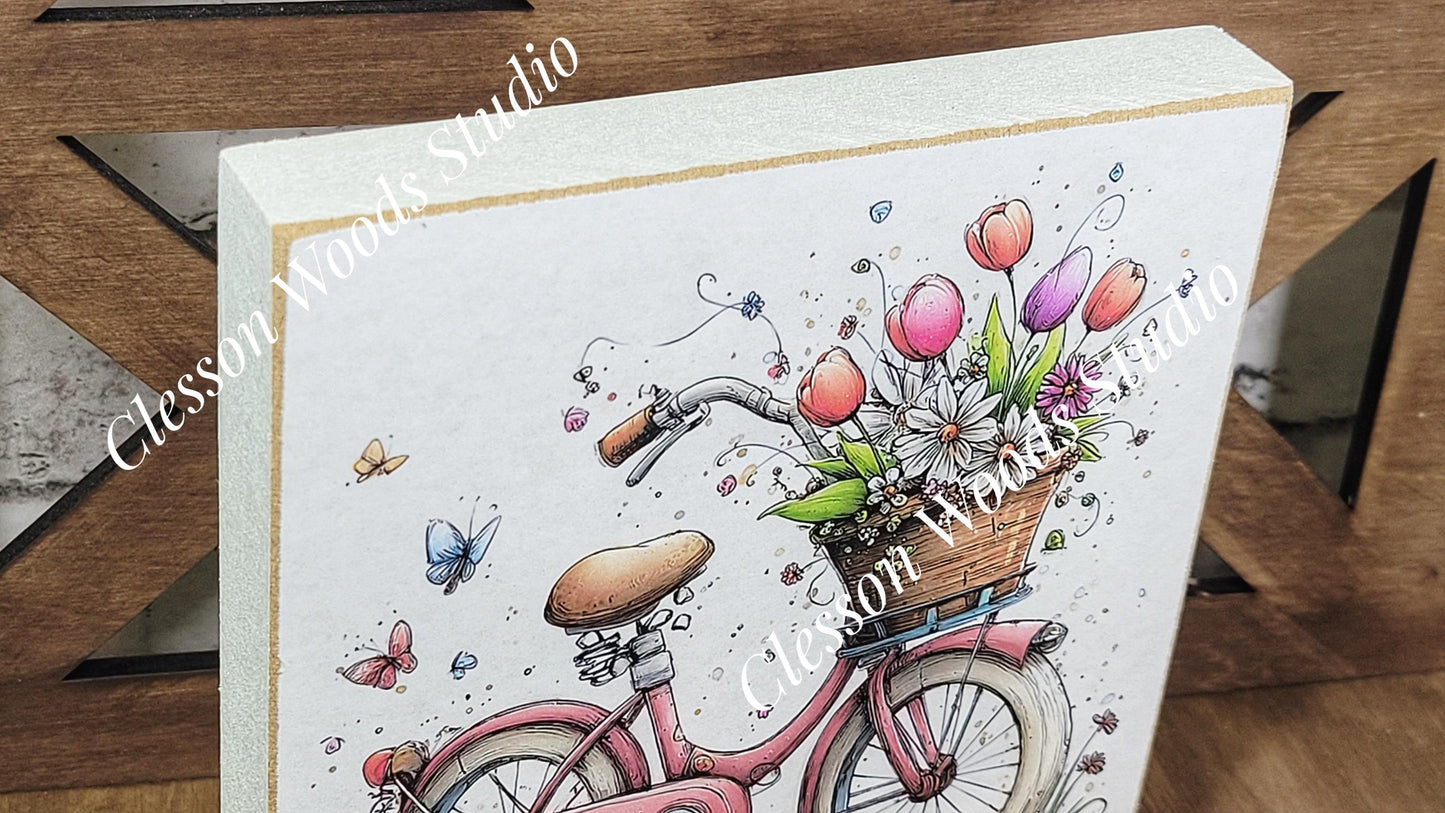 Spring Bicycle Basket of Flowers Wood Block Sign