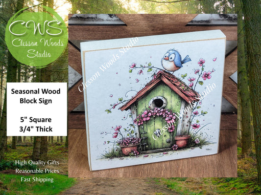 Spring Green Birdhouse and Bluebird Wood Block Sign