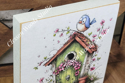 Spring Green Birdhouse and Bluebird Wood Block Sign