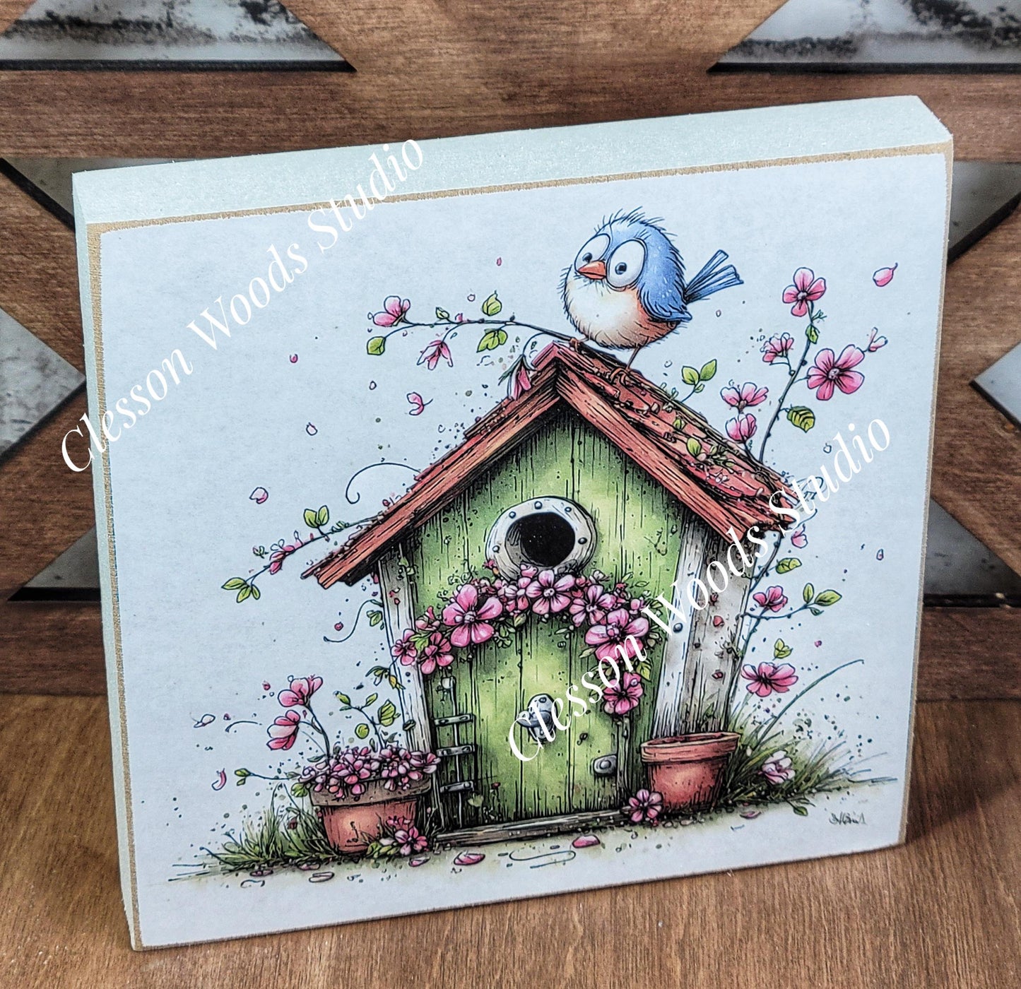 Spring Green Birdhouse and Bluebird Wood Block Sign