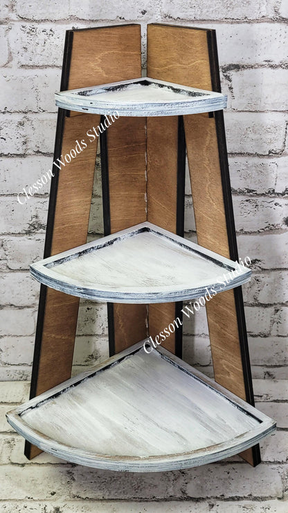 Rustic 3‑Tiered Corner Shelf – Freestanding Display for Small Seasonal Décor
