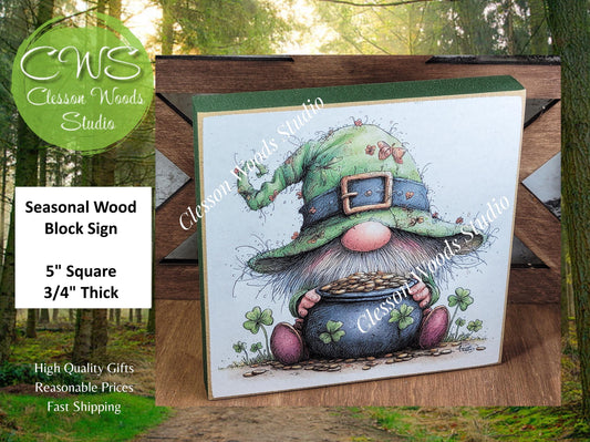 St Patrick's Day Gnome 6 Wood Block Sign