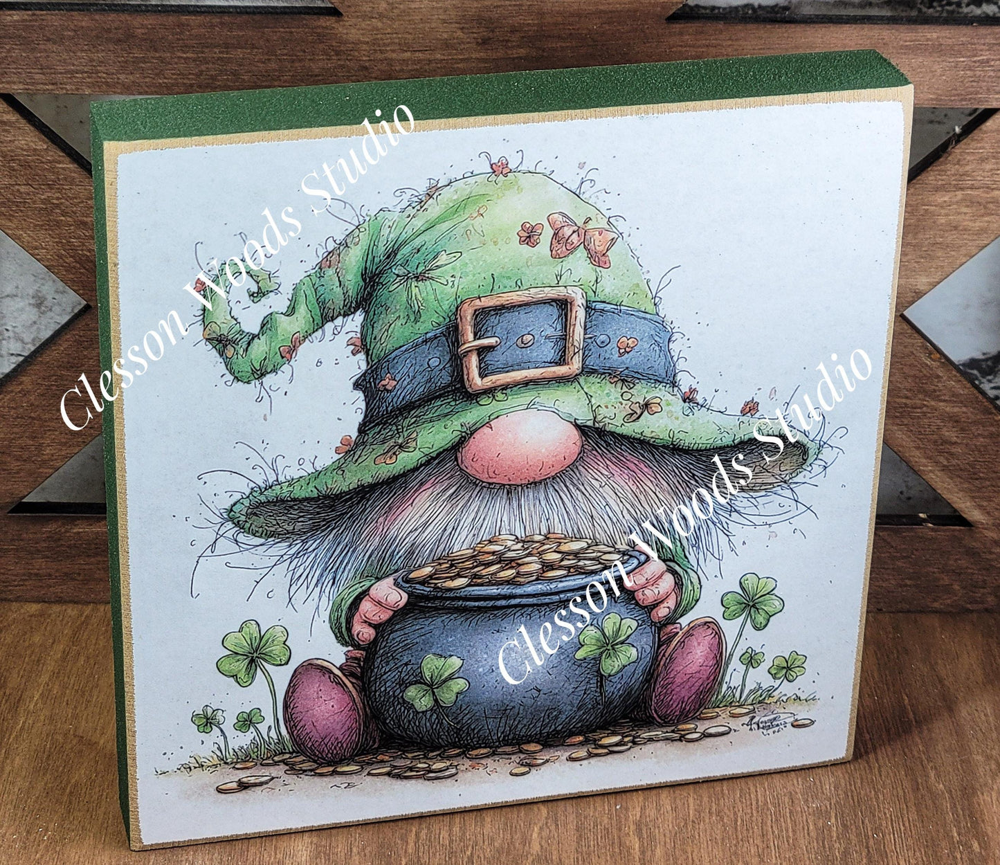 St Patrick's Day Gnome 6 Wood Block Sign