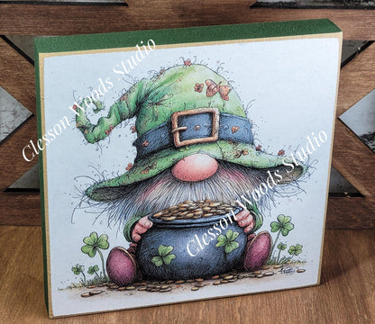 St Patrick's Day Gnome 6 Wood Block Sign