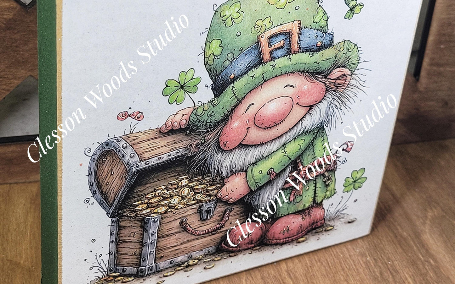 St Patrick's Day Gnome 4 Wood Block Sign