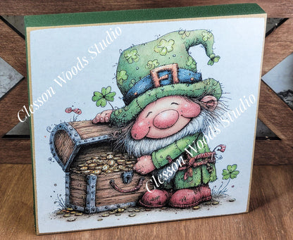 St Patrick's Day Gnome 4 Wood Block Sign