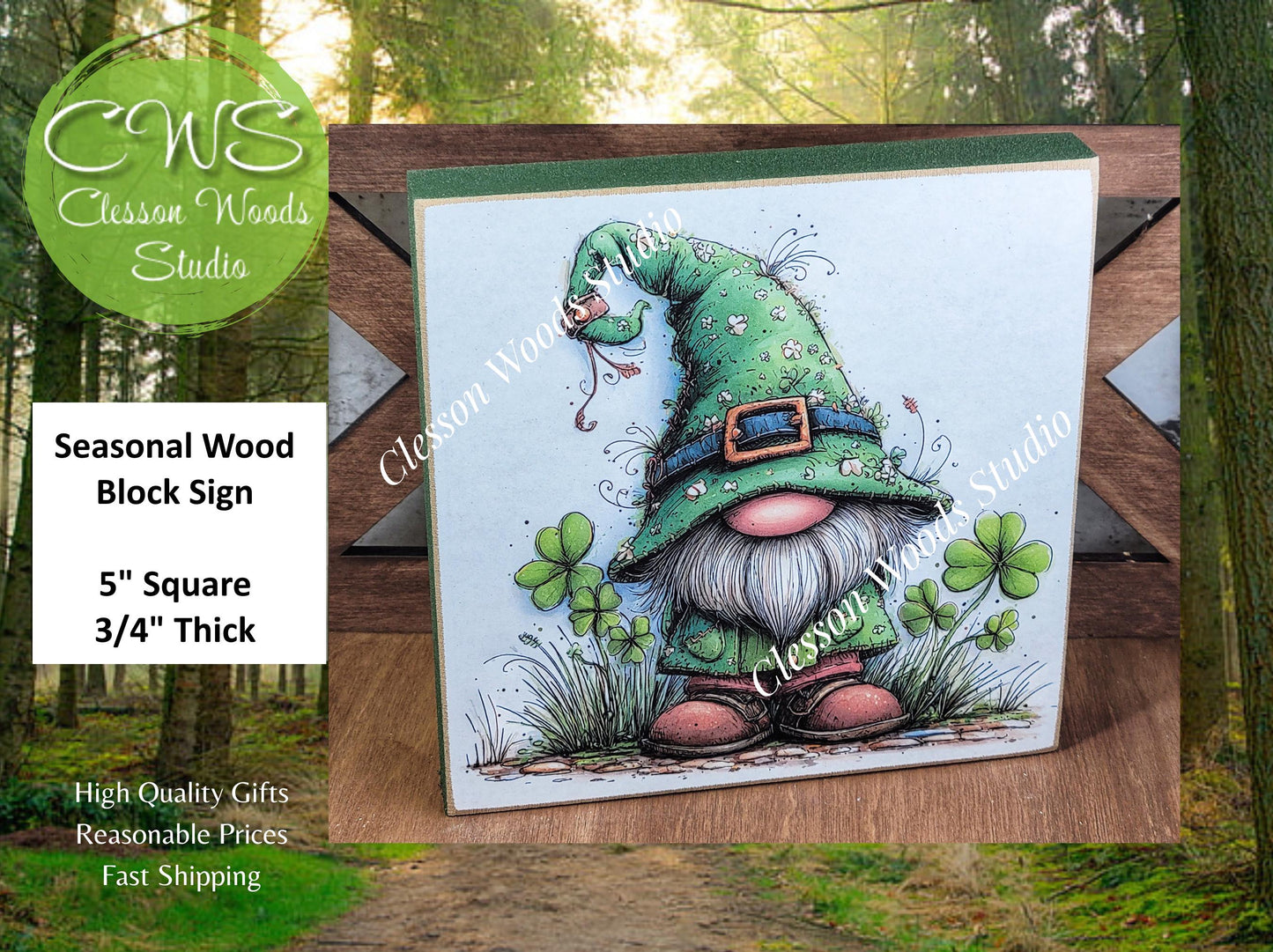 St Patrick's Day Gnome 2 Wood Block Sign