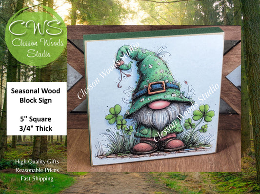 St Patrick's Day Gnome 2 Wood Block Sign