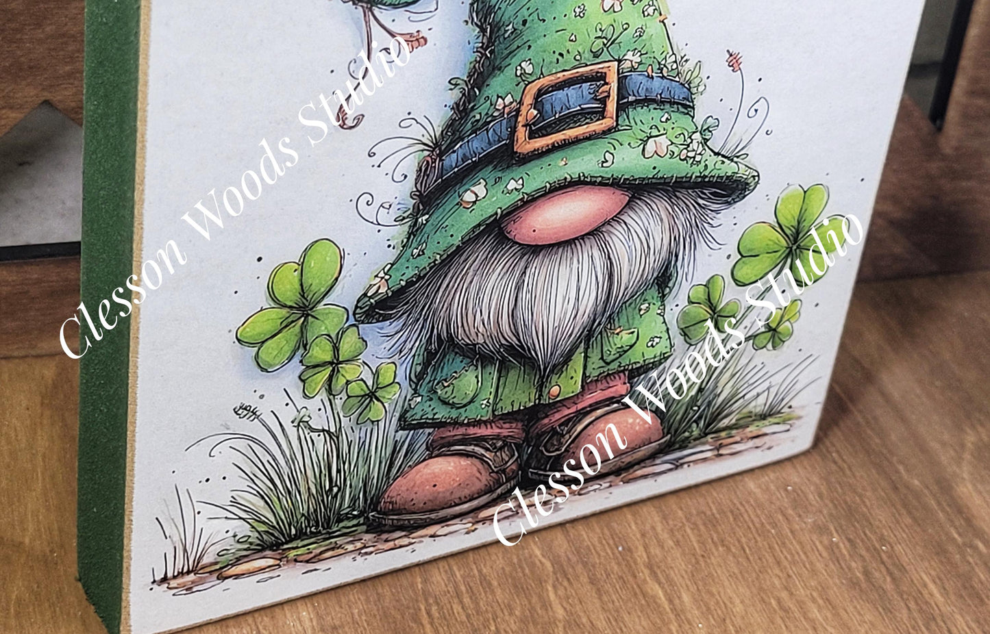 St Patrick's Day Gnome 2 Wood Block Sign