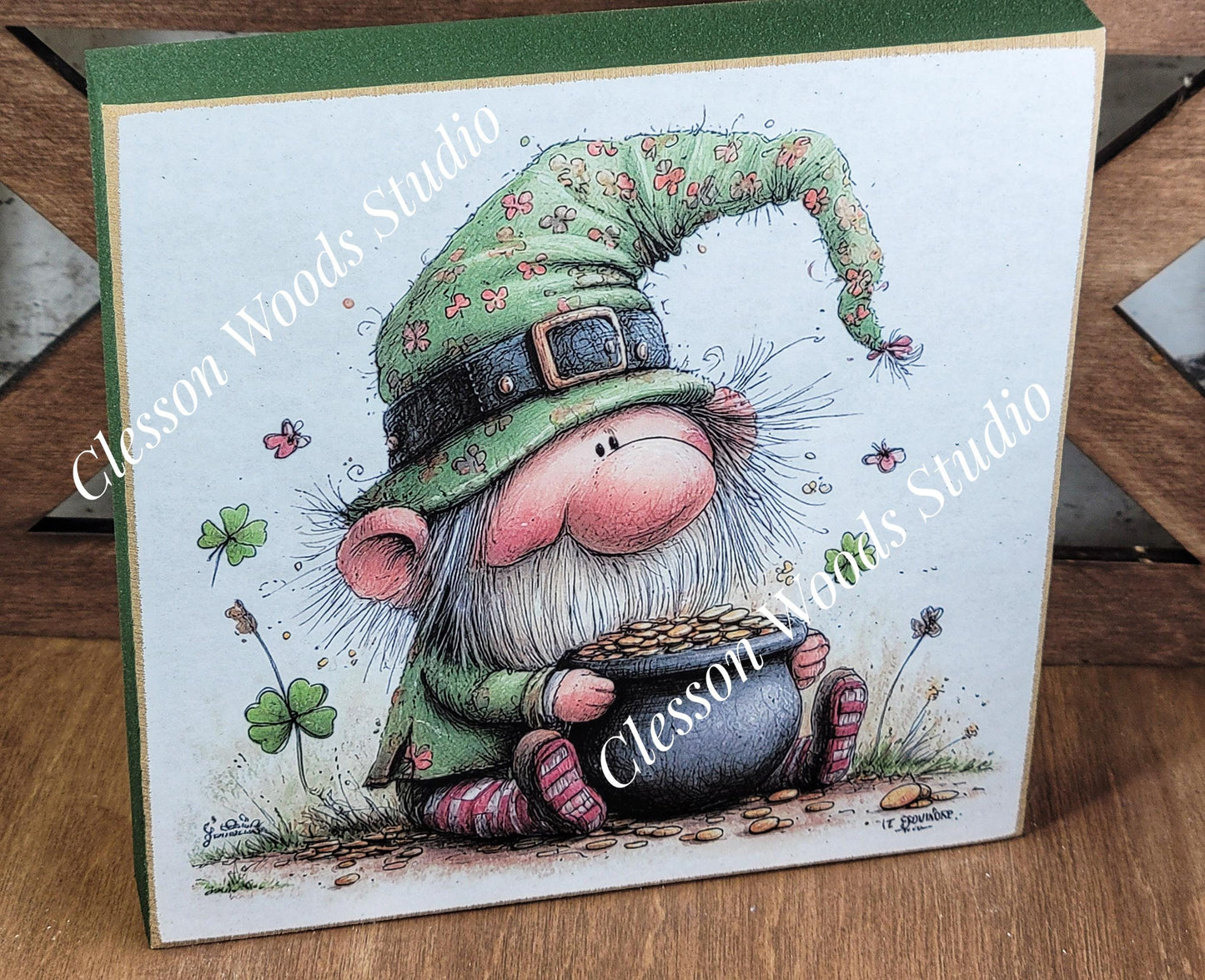 St Patrick's Day Gnome 1 Wood Block Sign