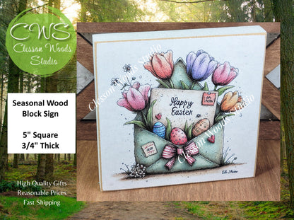 Easter Envelope Green Spring Wood Block Sign