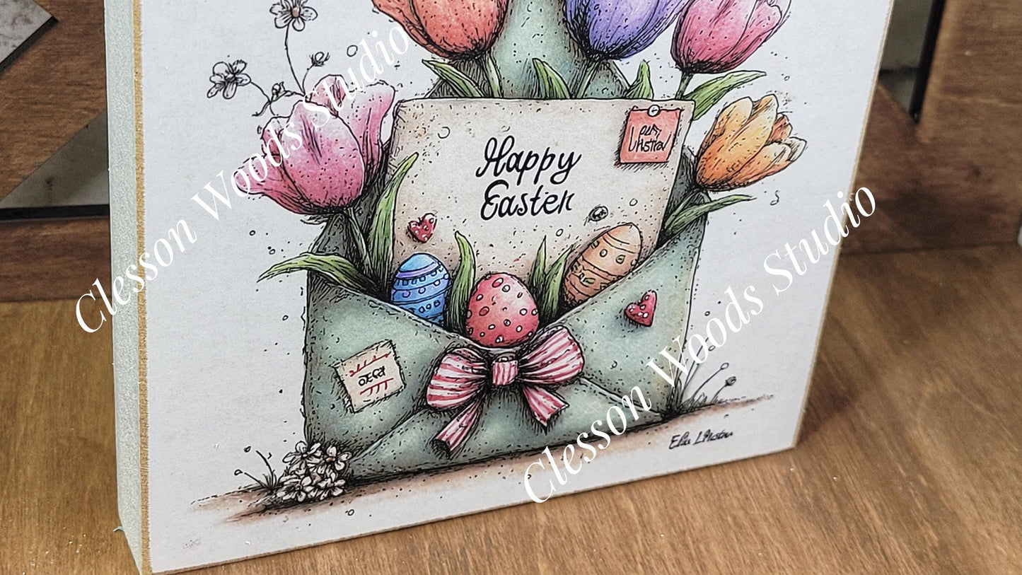 Easter Envelope Green Spring Wood Block Sign