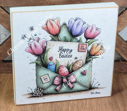 Easter Envelope Green Spring Wood Block Sign