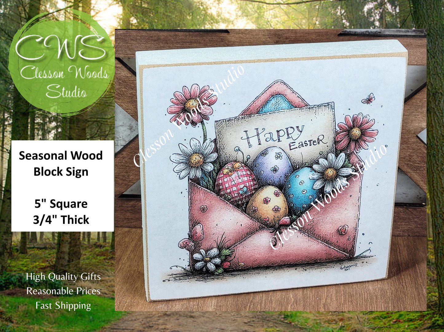 Easter Envelope Pink Spring Wood Block Sign