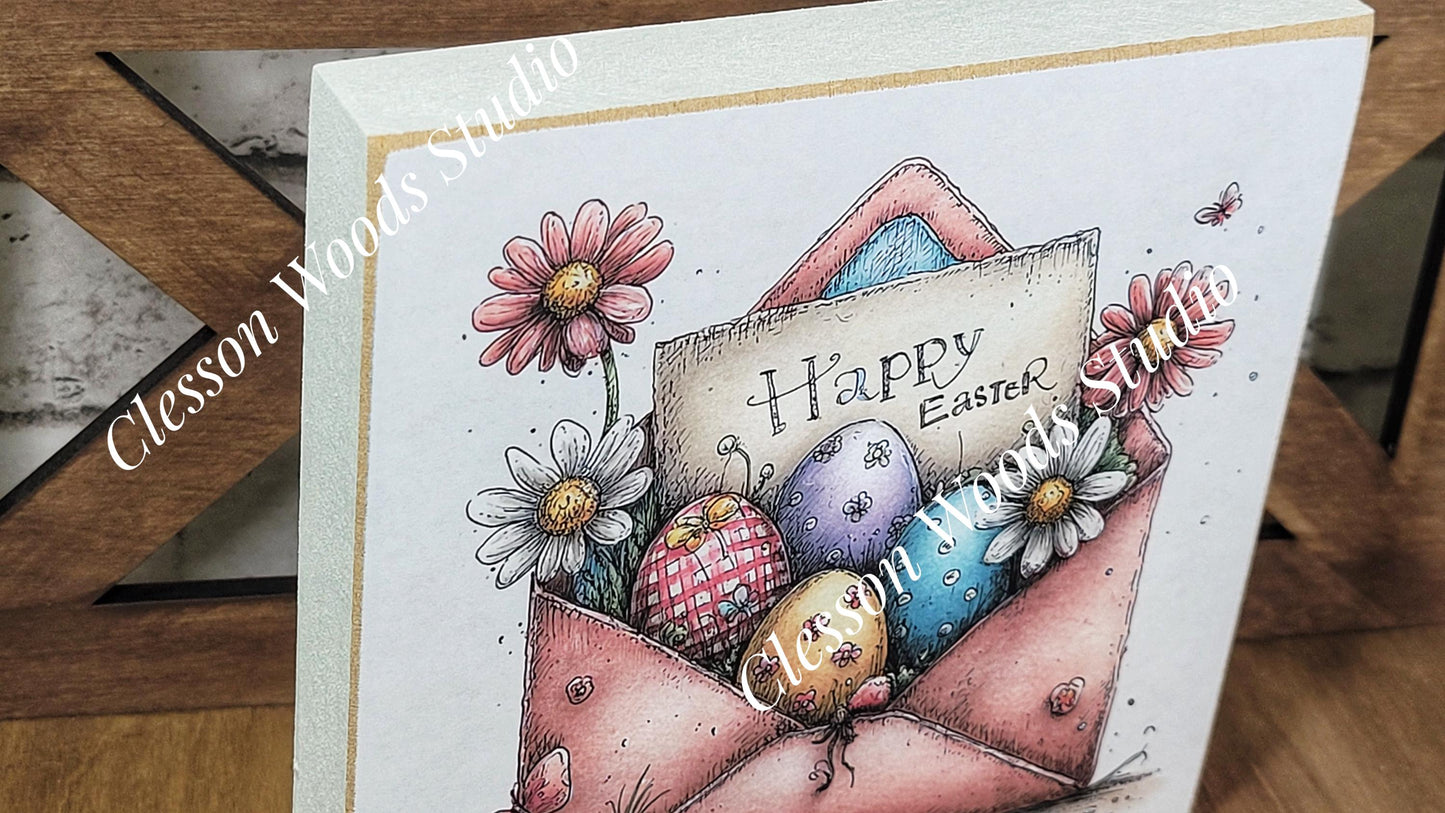 Easter Envelope Pink Spring Wood Block Sign