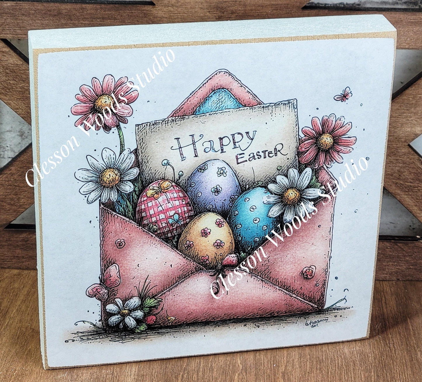 Easter Envelope Pink Spring Wood Block Sign