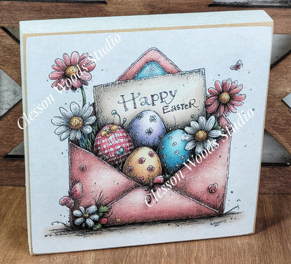 Easter Envelope Pink Spring Wood Block Sign