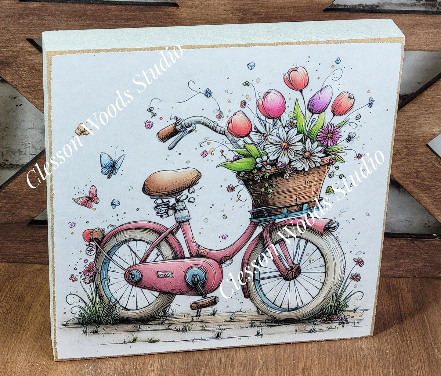 Spring Bicycle Basket of Flowers Wood Block Sign