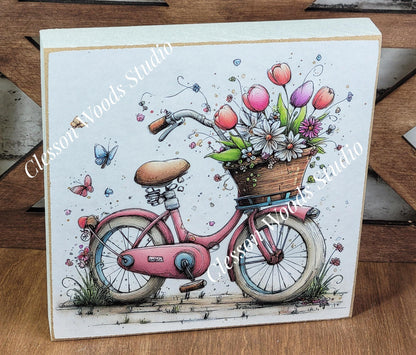 Spring Bicycle Basket of Flowers Wood Block Sign