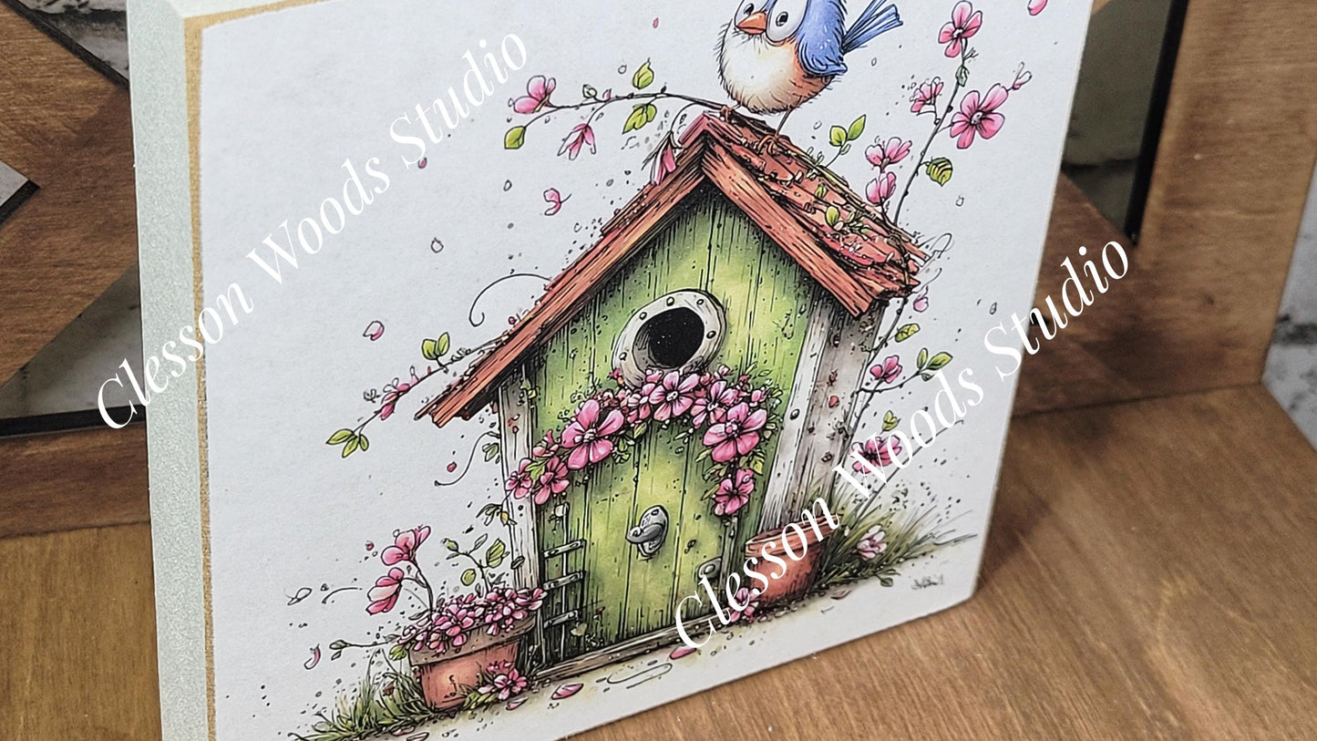 Spring Green Birdhouse and Bluebird Wood Block Sign