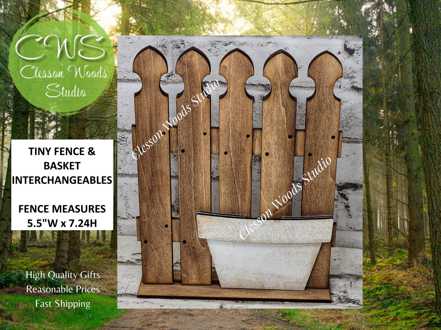 Tiny Fence Only - Stained With Rustic White Flower Pot