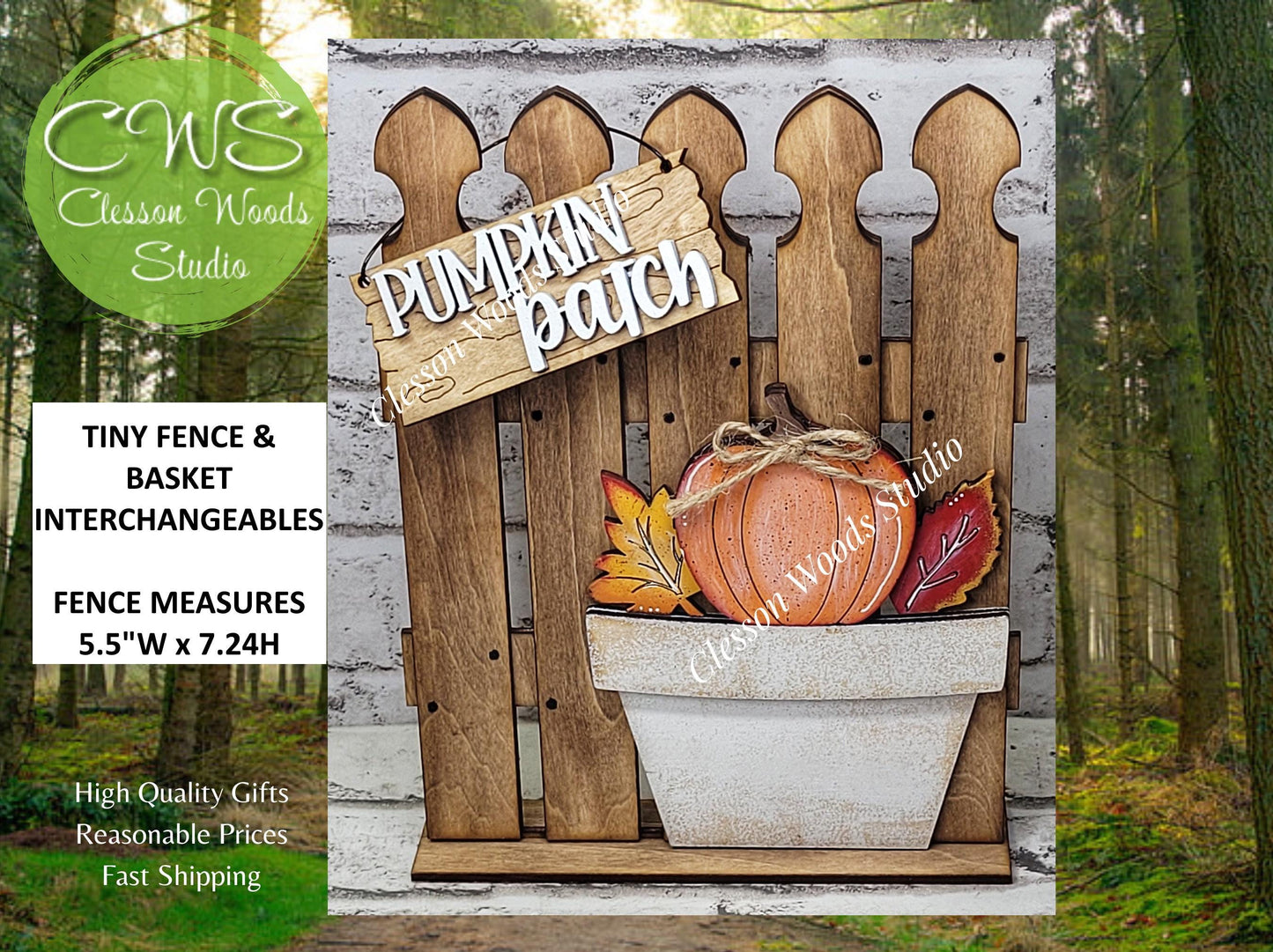 Tiny Fence Basket Set - Pumpkins and Leaves Stained Fence Rustic White Pot