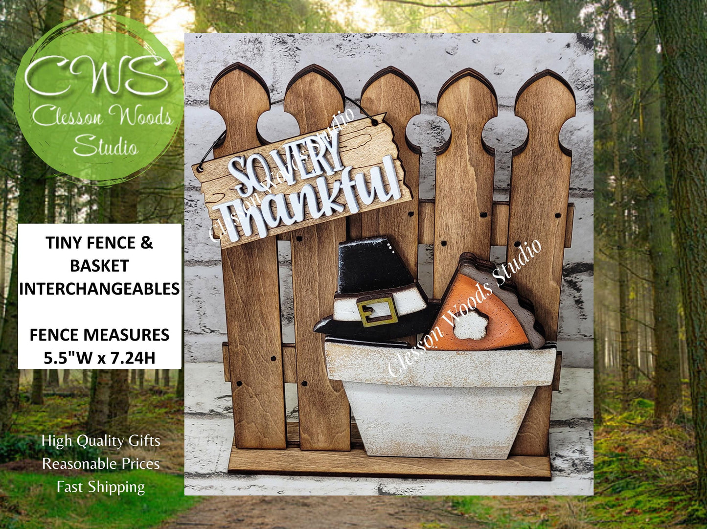Tiny Fence Basket Set - Thanksgiving Pilgrim Hat Pie Stained Fence Rustic White Pot