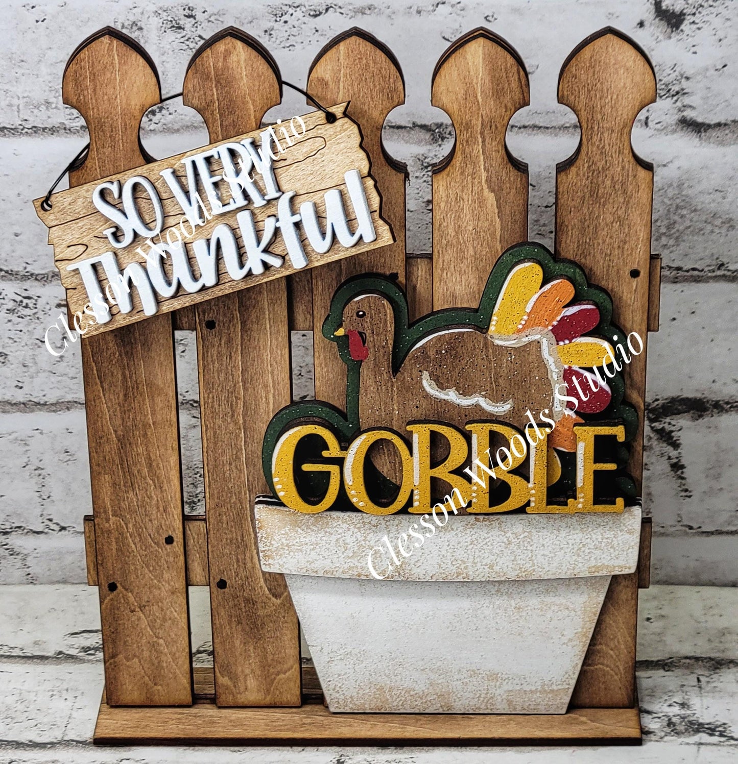 Tiny Fence Basket Set - Gobble Turkey Stained Fence Rustic White Pot