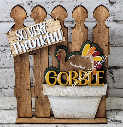 Tiny Fence Basket Set - Gobble Turkey Stained Fence Rustic White Pot