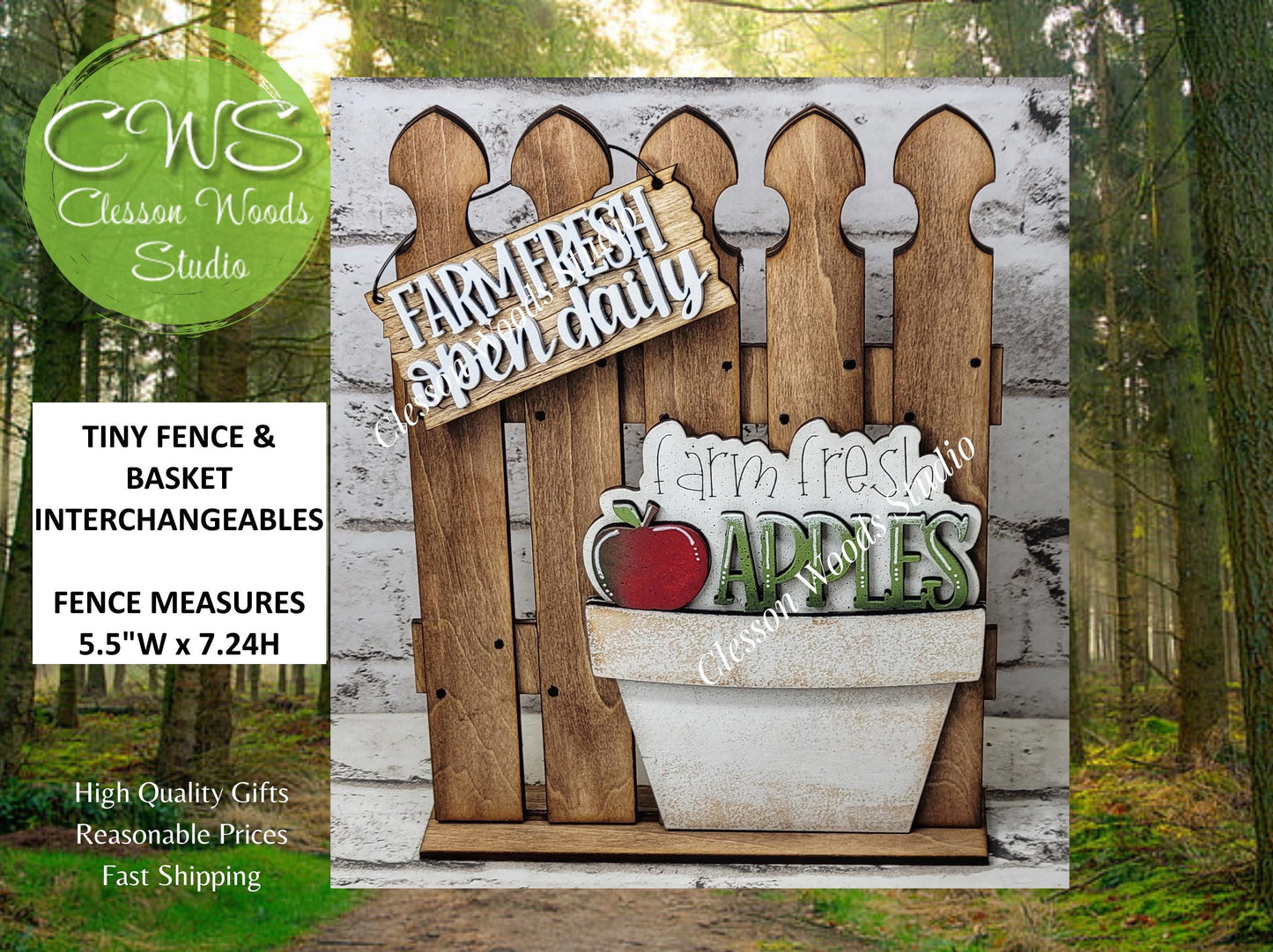Tiny Fence Basket Set - Apples Stained Fence Rustic White Pot