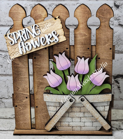 Tiny Fence Basket Set – Hand-Painted Rustic Wood Spring Tulips Vignette