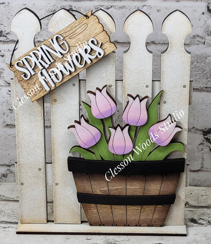 Tiny Fence Basket Set - Spring Tulips Rustic White/Apple Basket