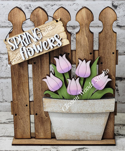 Tiny Fence Basket Set - Spring Tulips Stained Fence Rustic White Pot