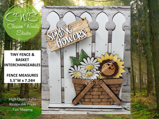 Hand-Painted Tiny Fence Basket Interchangeable Decor – Daisy Sunflower Vignette