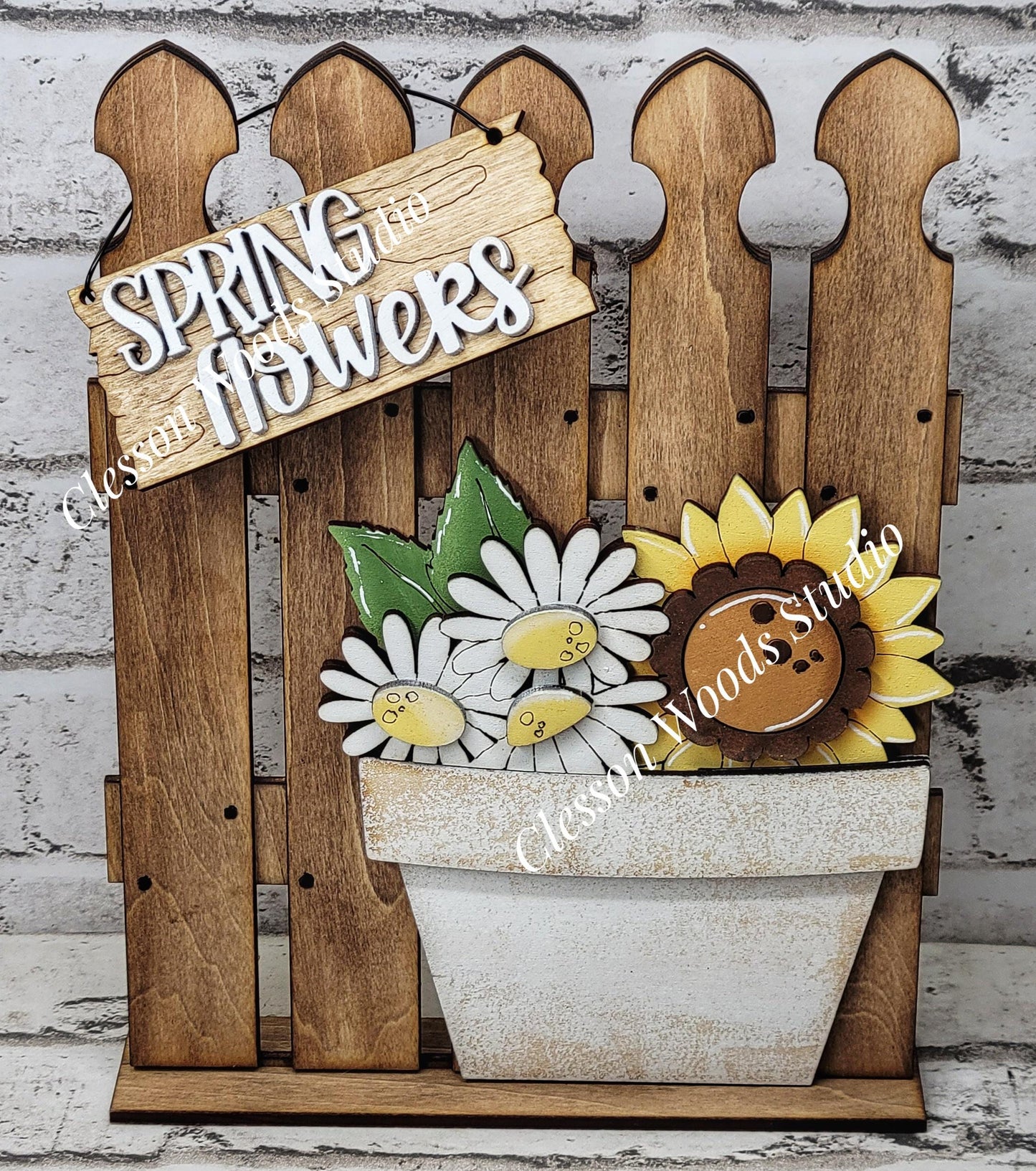Tiny Fence Basket Set - Daisy Sunflower Stained Fence Rustic White Pot