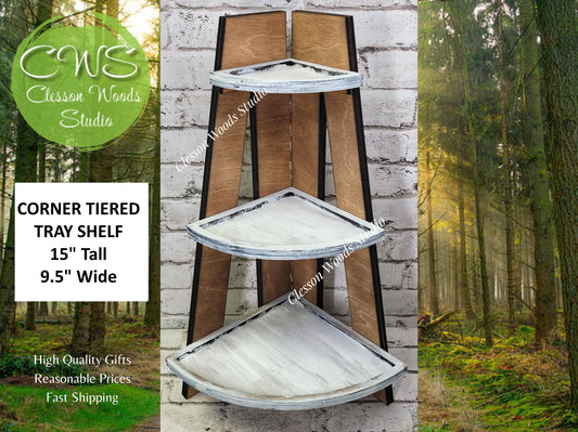 Rustic 3‑Tiered Corner Shelf – Freestanding Display for Small Seasonal Décor