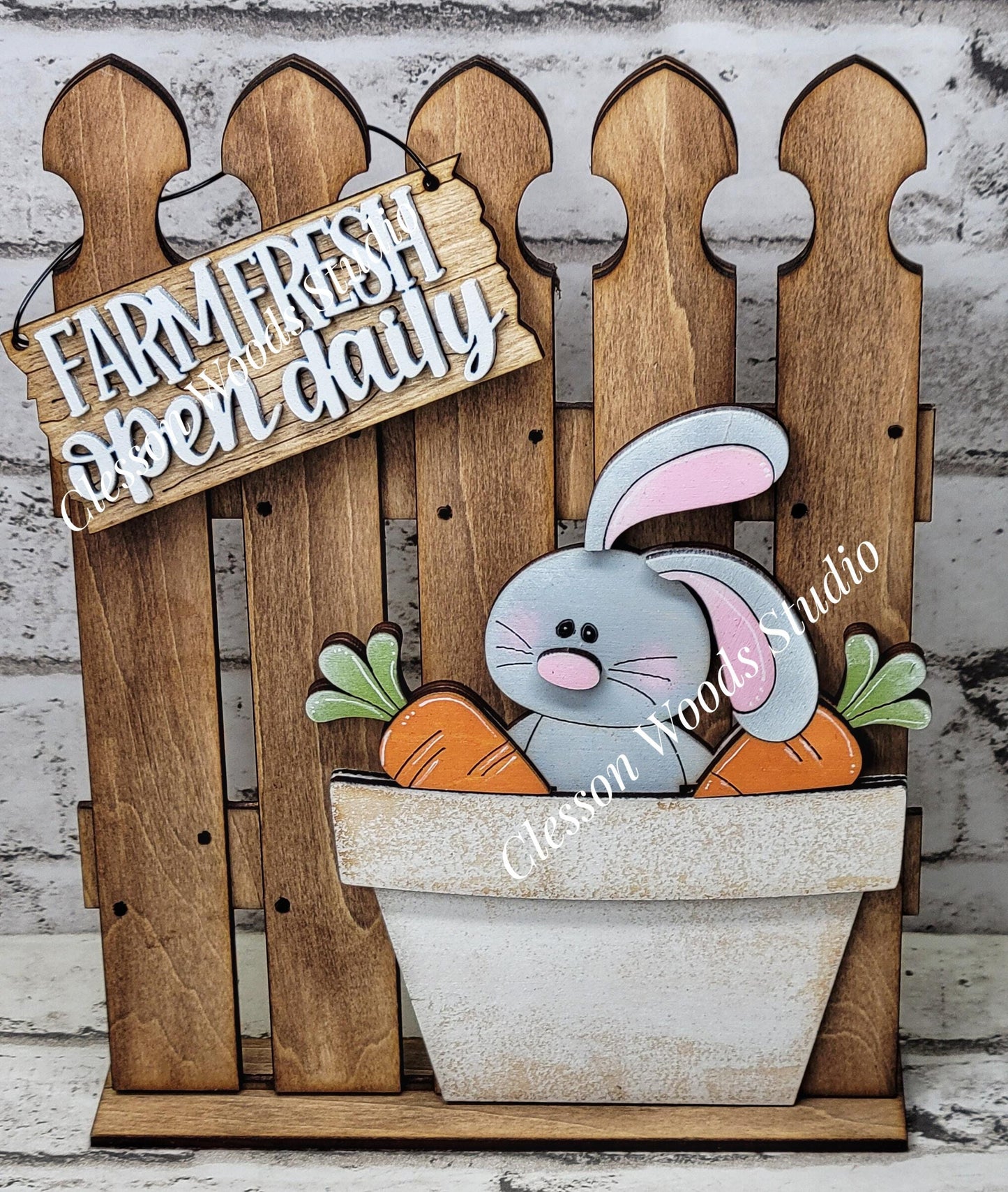 Tiny Fence Basket Set - Gray Bunny Carrots Stained Fence Rustic White Pot