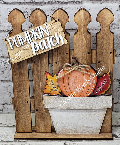 Tiny Fence Basket Set - Pumpkins and Leaves Stained Fence Rustic White Pot