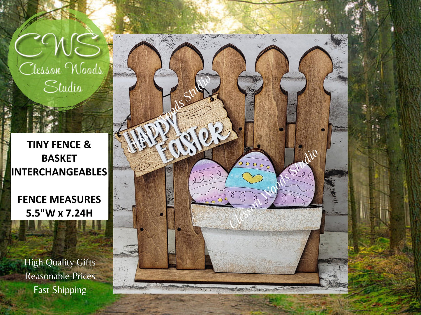 Tiny Fence Basket Set - Happy Easter Eggs Stained Fence Rustic White Pot