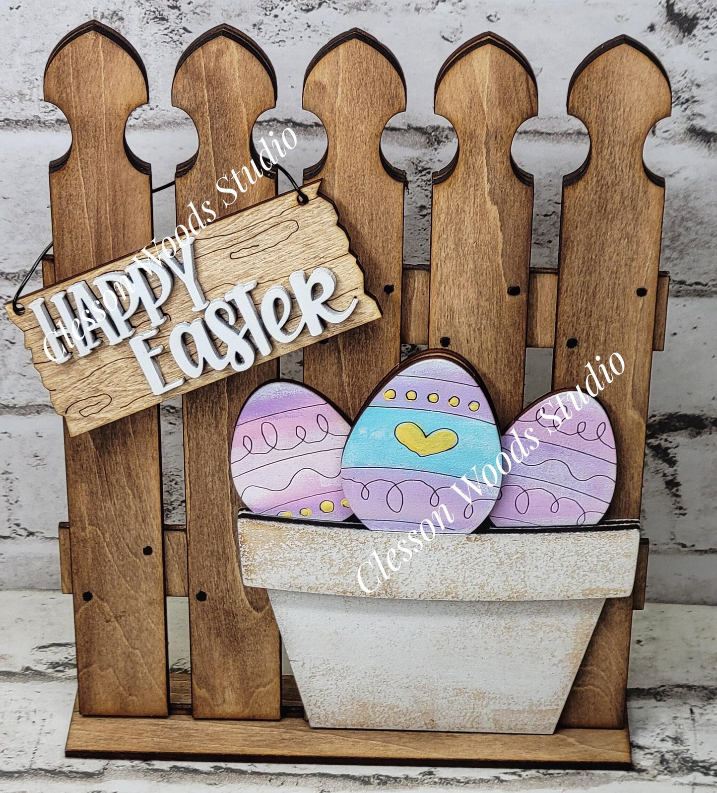 Tiny Fence Basket Set - Happy Easter Eggs Stained Fence Rustic White Pot