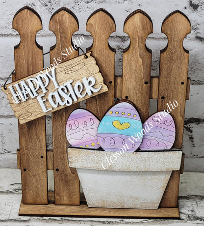 Tiny Fence Basket Set - Happy Easter Eggs Stained Fence Rustic White Pot
