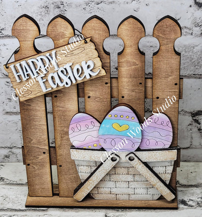 Hand-Painted Rustic Fence Basket Set – Easter Vignette Décor