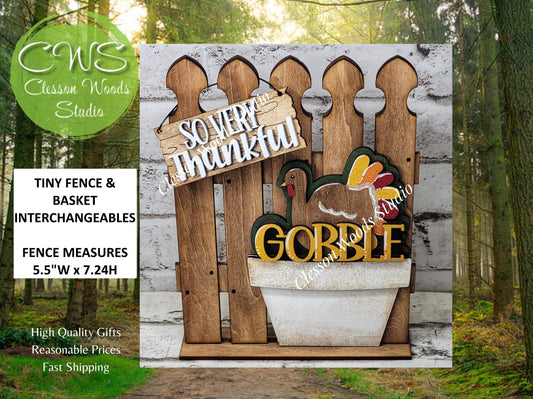Tiny Fence Basket Set - Gobble Turkey Stained Fence Rustic White Pot