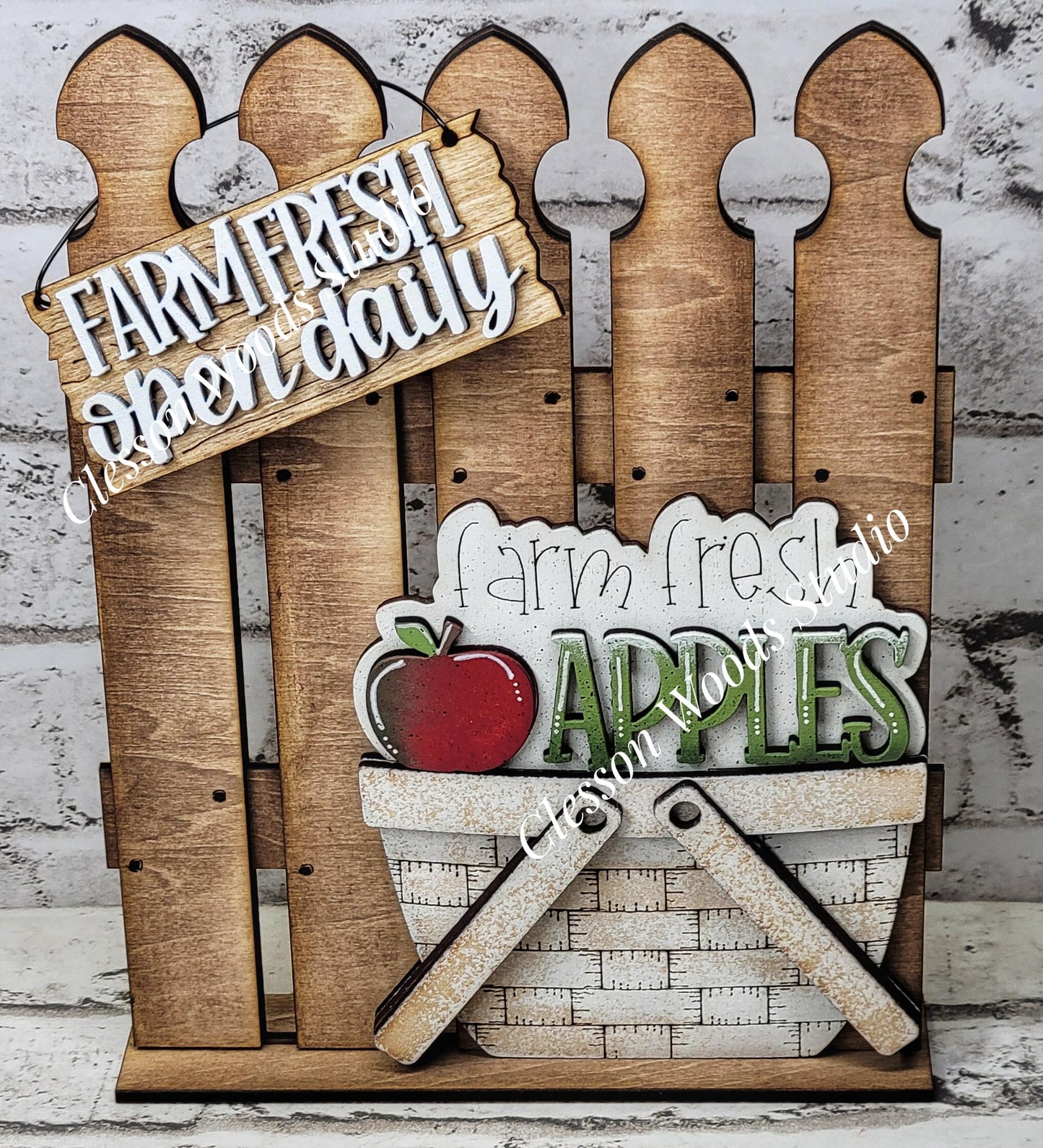 Hand-Painted Wooden Fence Basket Set – Farm Fresh Apples Vignette Decor
