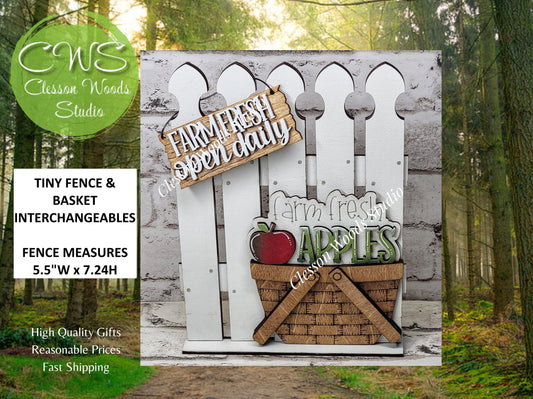 Hand-Painted Tiny Fence and Basket Set – Farm Fresh Apples Vignette Decor