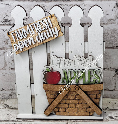 Hand-Painted Tiny Fence and Basket Set – Farm Fresh Apples Vignette Decor