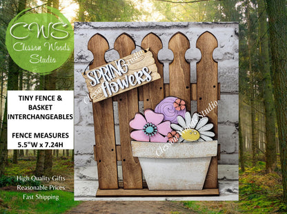 Tiny Fence Basket Set - Spring Flowers Stained Fence Rustic White Pot